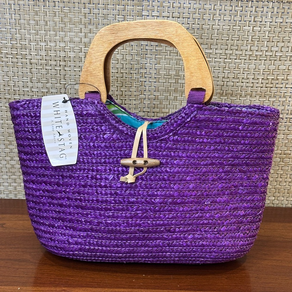 🌟HP🌟VTG 1990s Purple Wheat Straw Wood Top Handle & Toggle Closure Bag White Stag